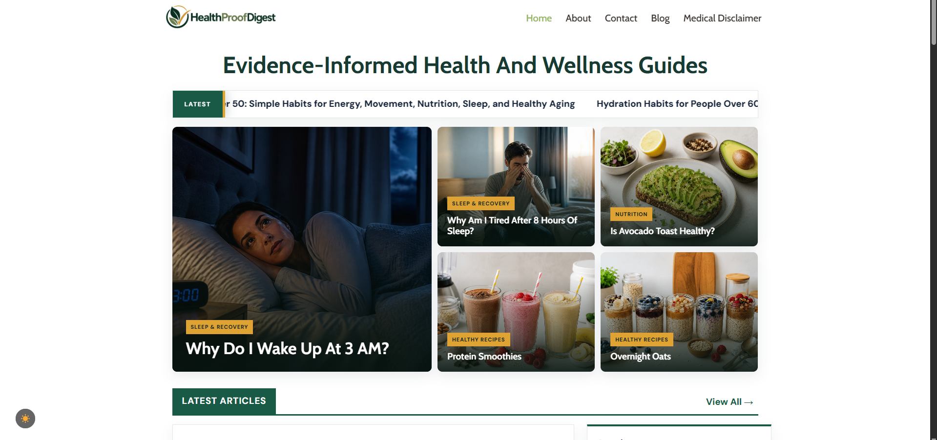 Health Proof Digest web sitesi ana sayfa tasarımı